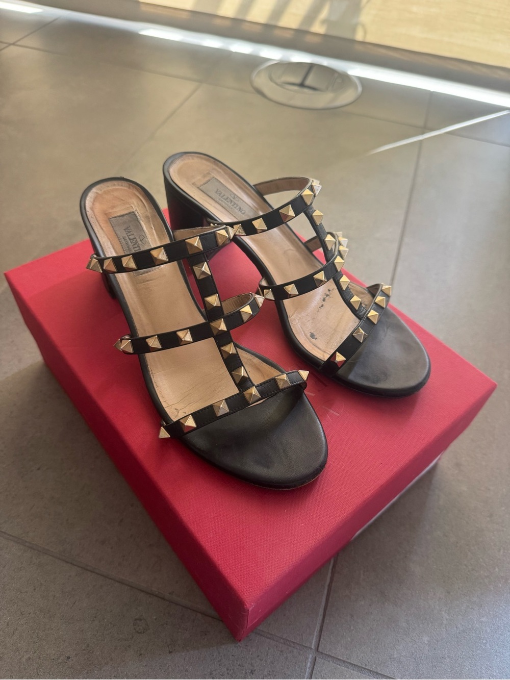 Valentino Black Leather Rockstud Multi-Strap Heeled Mules